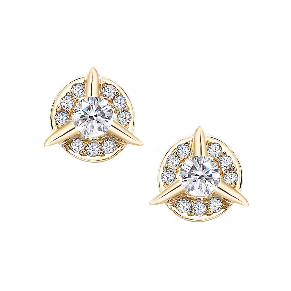 Dainty Circle Diamond Stud Earrings With Center Diamond In Yellow Gold By Irthly